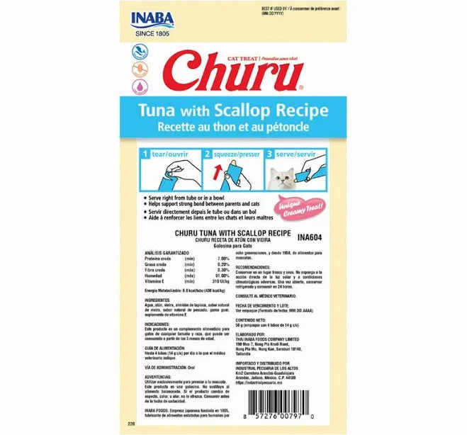 CHURU Tube Alimento p/Gato Skin & Coat Tuna w/Scallop Recipe (4ct)