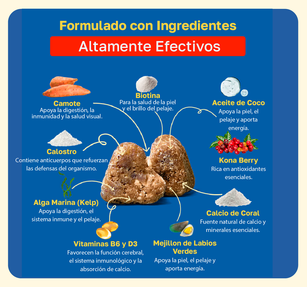 Ingredientes: Camote, biotina, aceite de coco, calostro, Kona berry, Alga marina, Viyaminas b6 y d3, meillon de lengua verde y calcio coral 