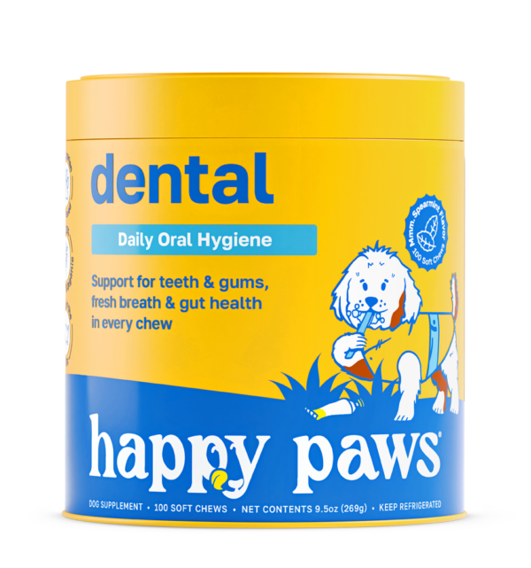 Suplemento masticable en envase, diseñado para la higiene dental de perros